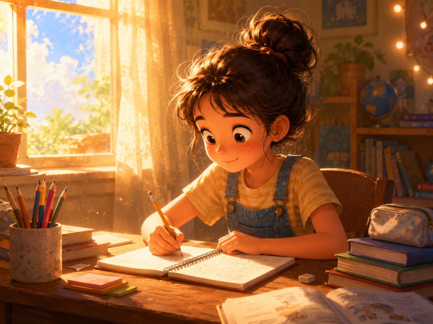 A child writing in her notebook by afternoon light