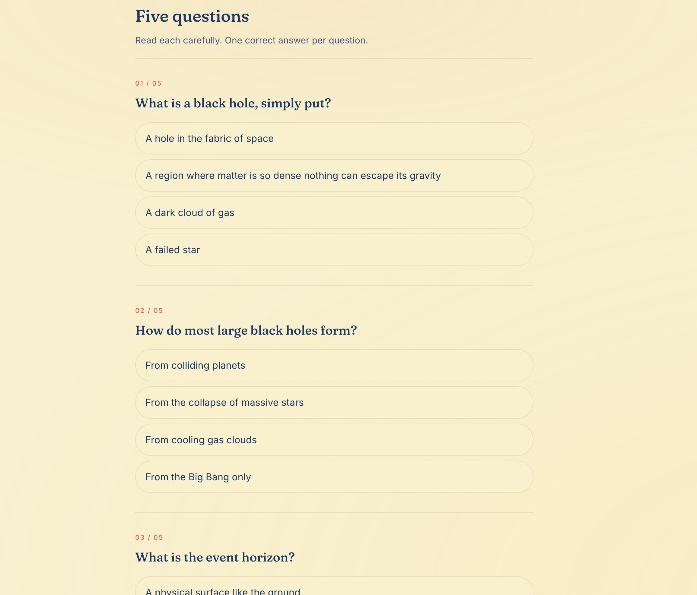 The five-question quiz, English view